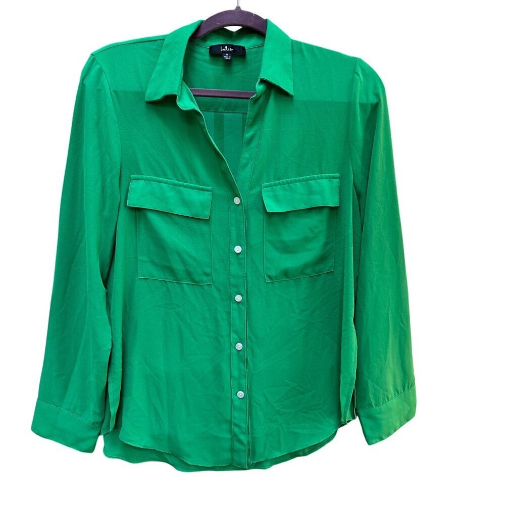 Lulus Green Button-Down Long Sleeve Shirt Pockets‎ Career Work Women's Size S